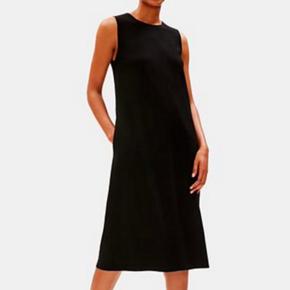 EILEEN FISHER BLACK SLEEVELESS BOILED WOOL LANTERN MIDI DRESS - Picture 1 of 8